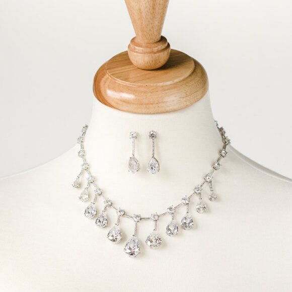 Bridal Statement Necklace and Earring Set, Cubic Zirconia Drops - Picture 3 of 6